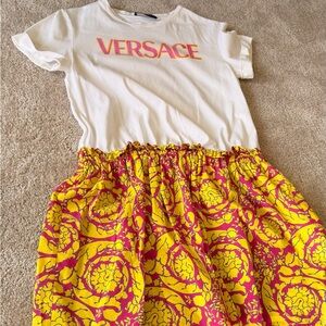 Versace Pink & Yellow Baroque Print Tee and Skirt Set